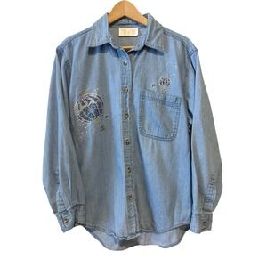 R&B Collections Denim Shirt M Blue Vintage Rhinestone Hot Air Balloon Aeronaut